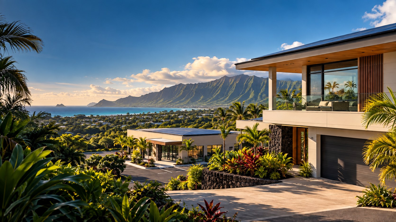 AI-generated illustration of Hawaii architecture and coastal scenery, not an actual IBC project